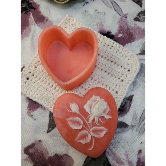 Heart Shaped Coral Pink Soapstone Jewelry Dish Vanity Trinket Box Decor - Picture 7 of 8